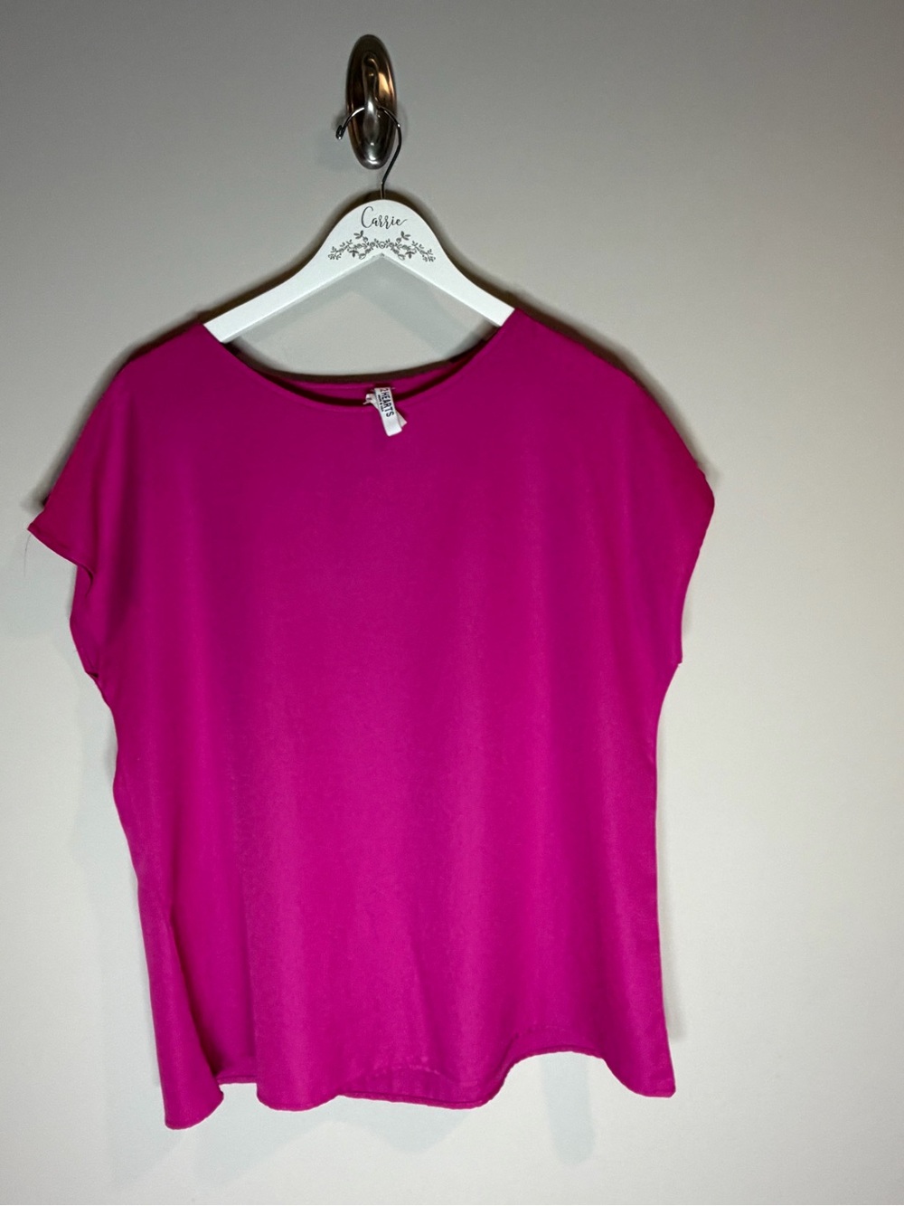 2 Hearts Hot Pink Fuchsia Short Sleeve Blouse Top Large